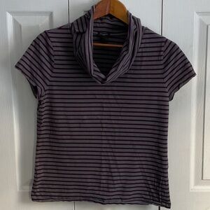 Ann Taylor Black and Purple Striped Cowl Neck Tee